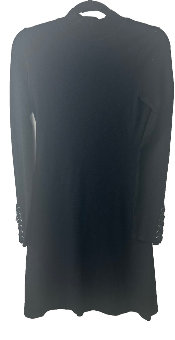 Karen Millen Black Knit Cowl Neck Sweater Dress Knee S Lace Sleeve Bodycon E13